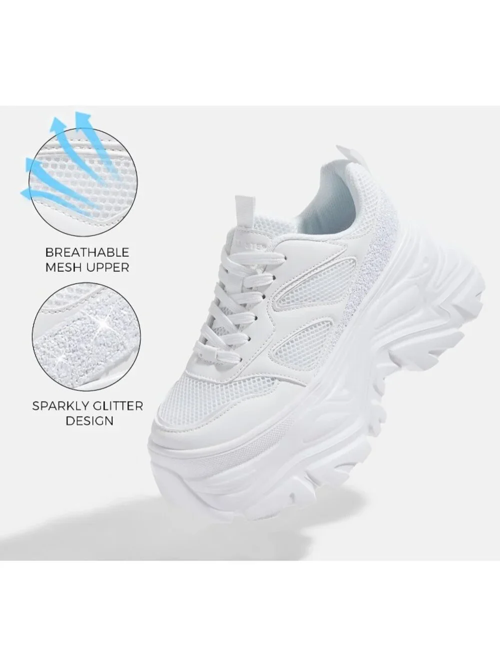 Women's White Rhinestone Breathable Chunky Lightweight Running Fashion Sneakers